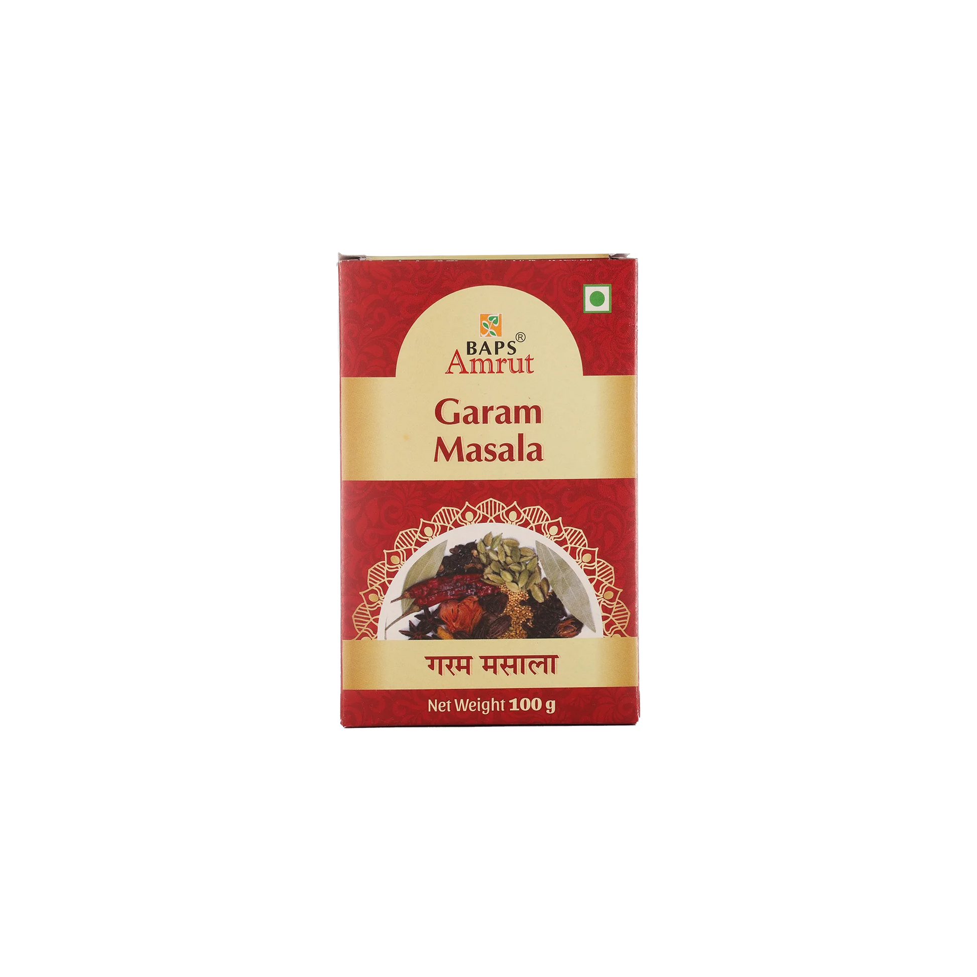 Box of BAPS Amrut Garam Masala on a white background
