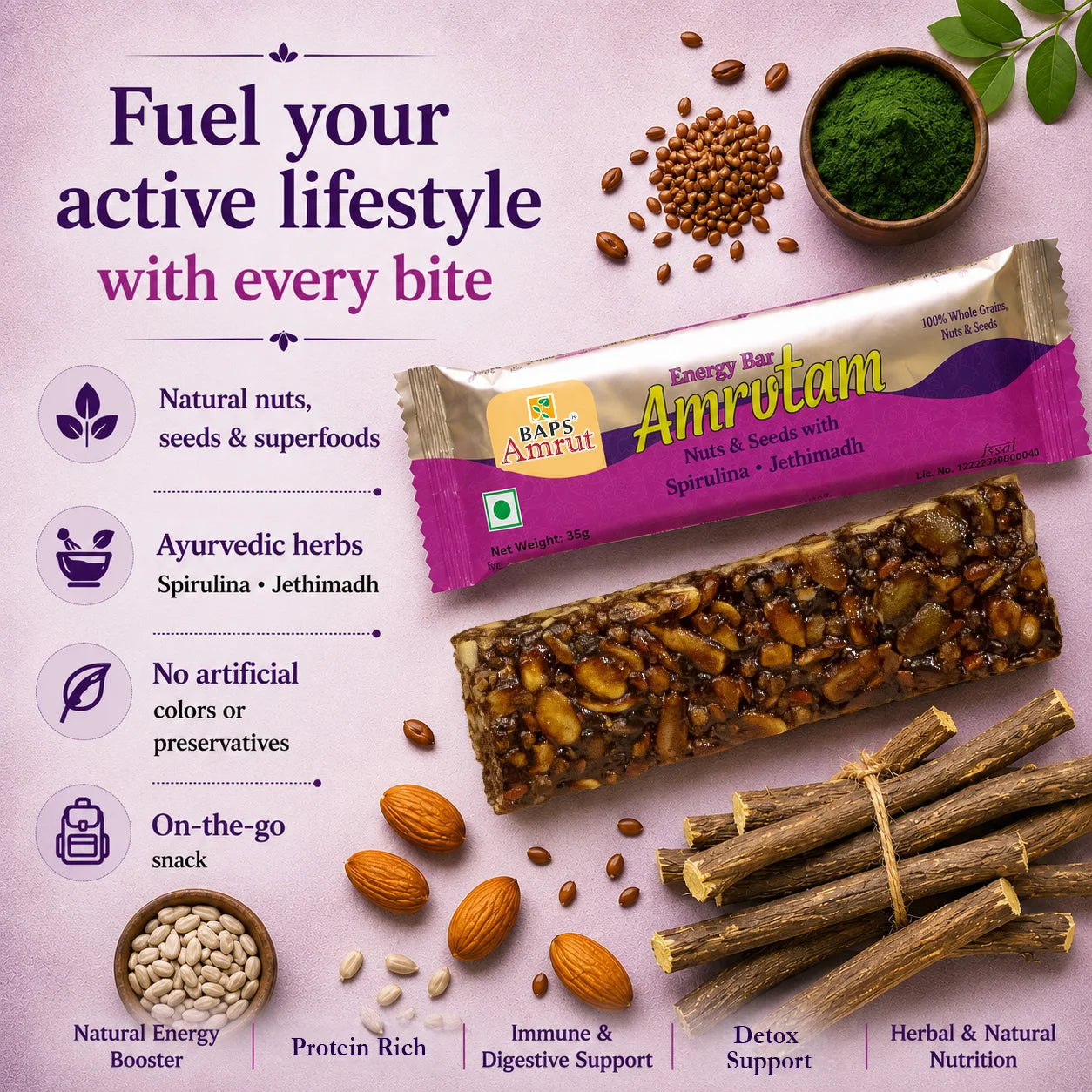 Amrutam Energy Bar- Nuts & Seeds with Spirulina & Jethimadh